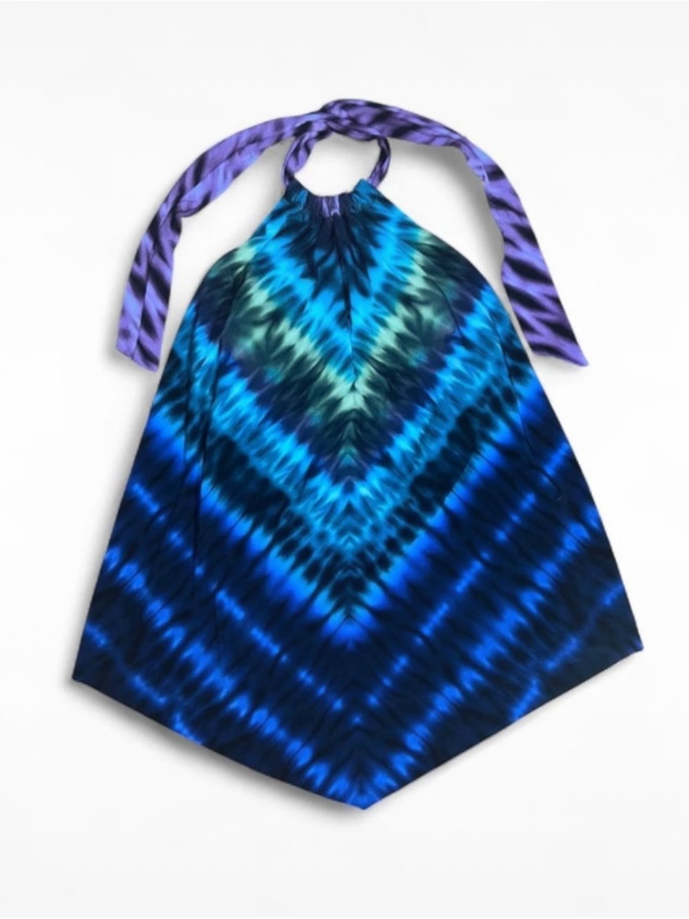 Tie-Dye Blue Halter Swim Top with Purple Neck Tie